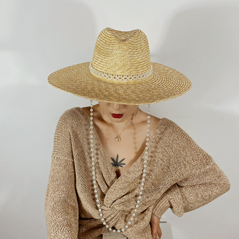 French Pearl Chain Big Brim Wheat Straw Jazz Straw Hat Beach
