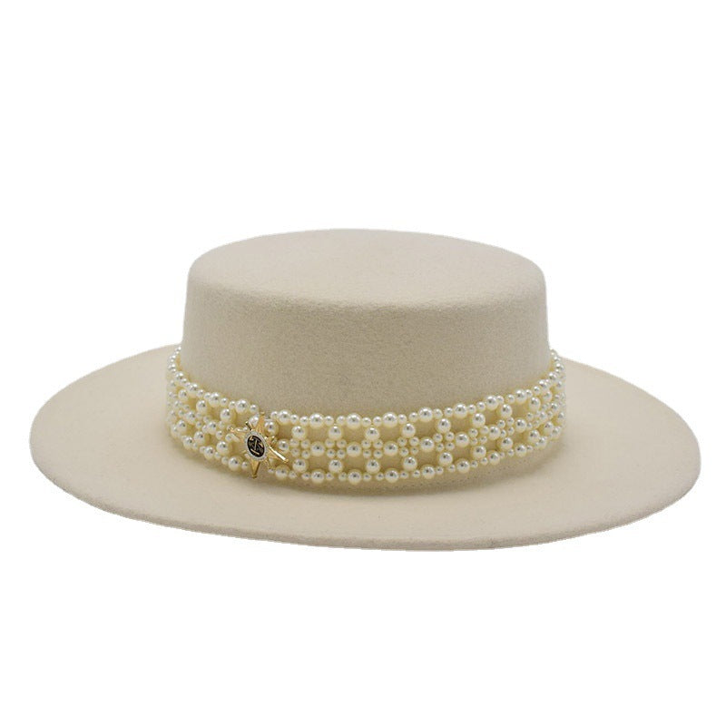 Wide Brim Flat Top Woolen Hat Women's Pearl Chain Felt Cap