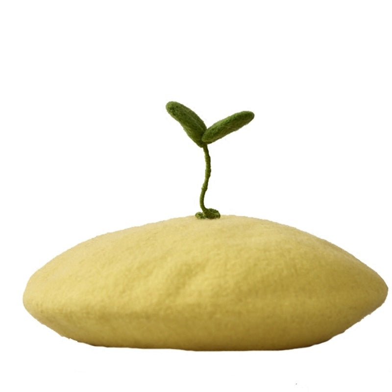 Handmade Wool Felt Cute Growing Green Bud Painter Beret All-match