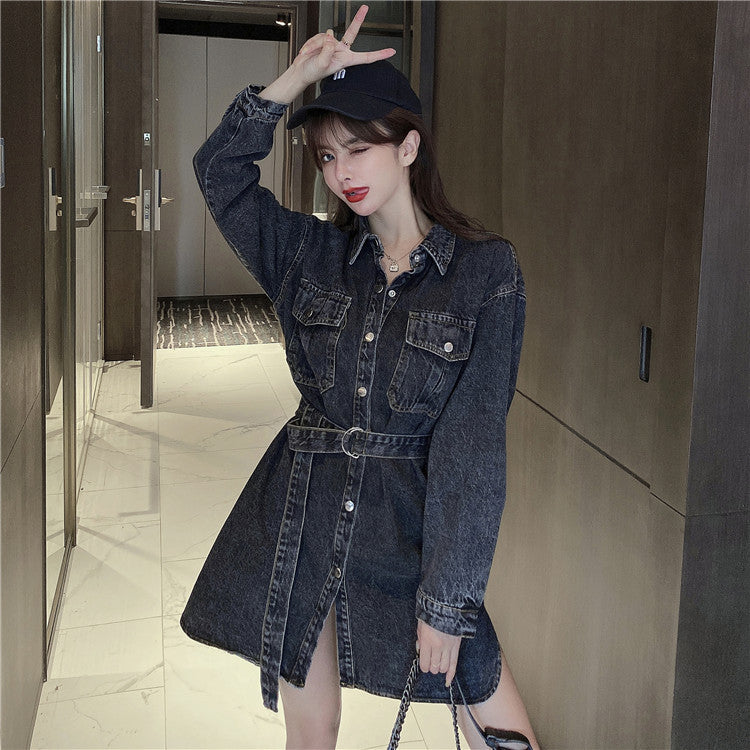 Lapel Mid-length Lace-up Waist Denim Dress