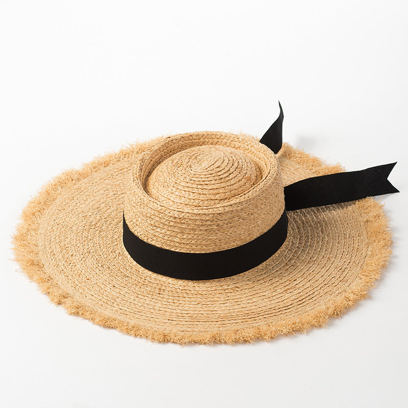 Raffia Hat With Ring Flat Top Bow And Ribbon