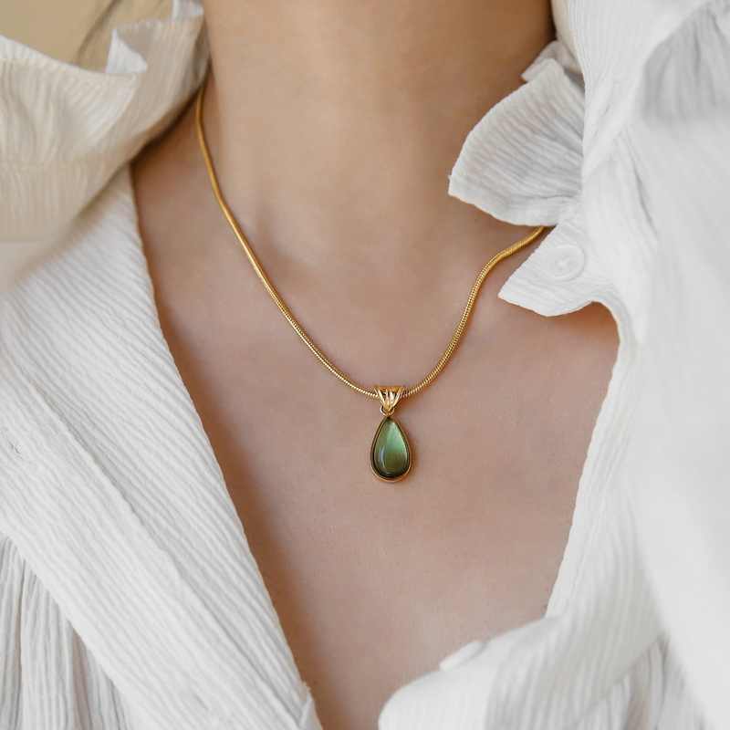 Green Blue Water Drop Pendant Vintage Olive Necklace For Women