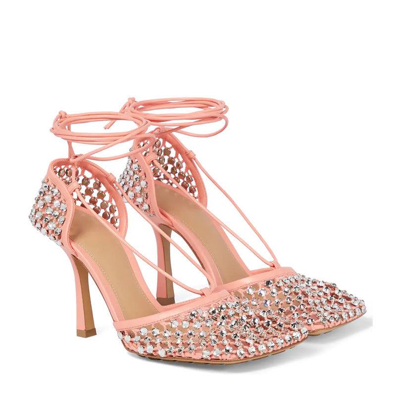 Rhinestone Mesh High Heels Square Toe Stiletto Strap Large Size French Sandals