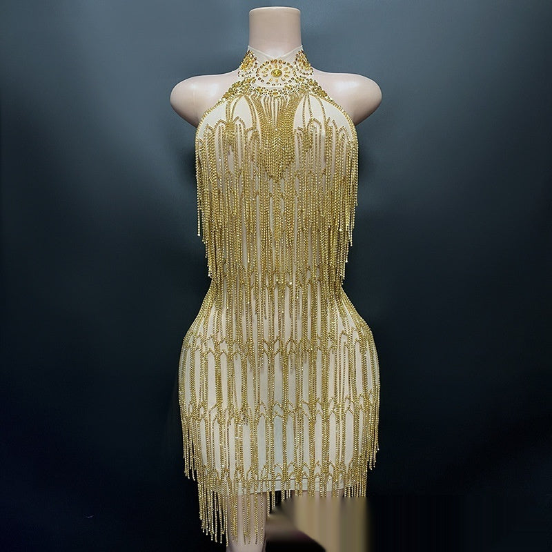 Heavy Industry Diamond Decorations Chain Sexy Backless Vacation Style Dress