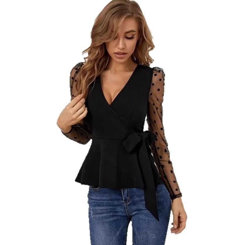 Mesh Sleeves Splicing Series Belt Long Sleeve Slim-fit Top