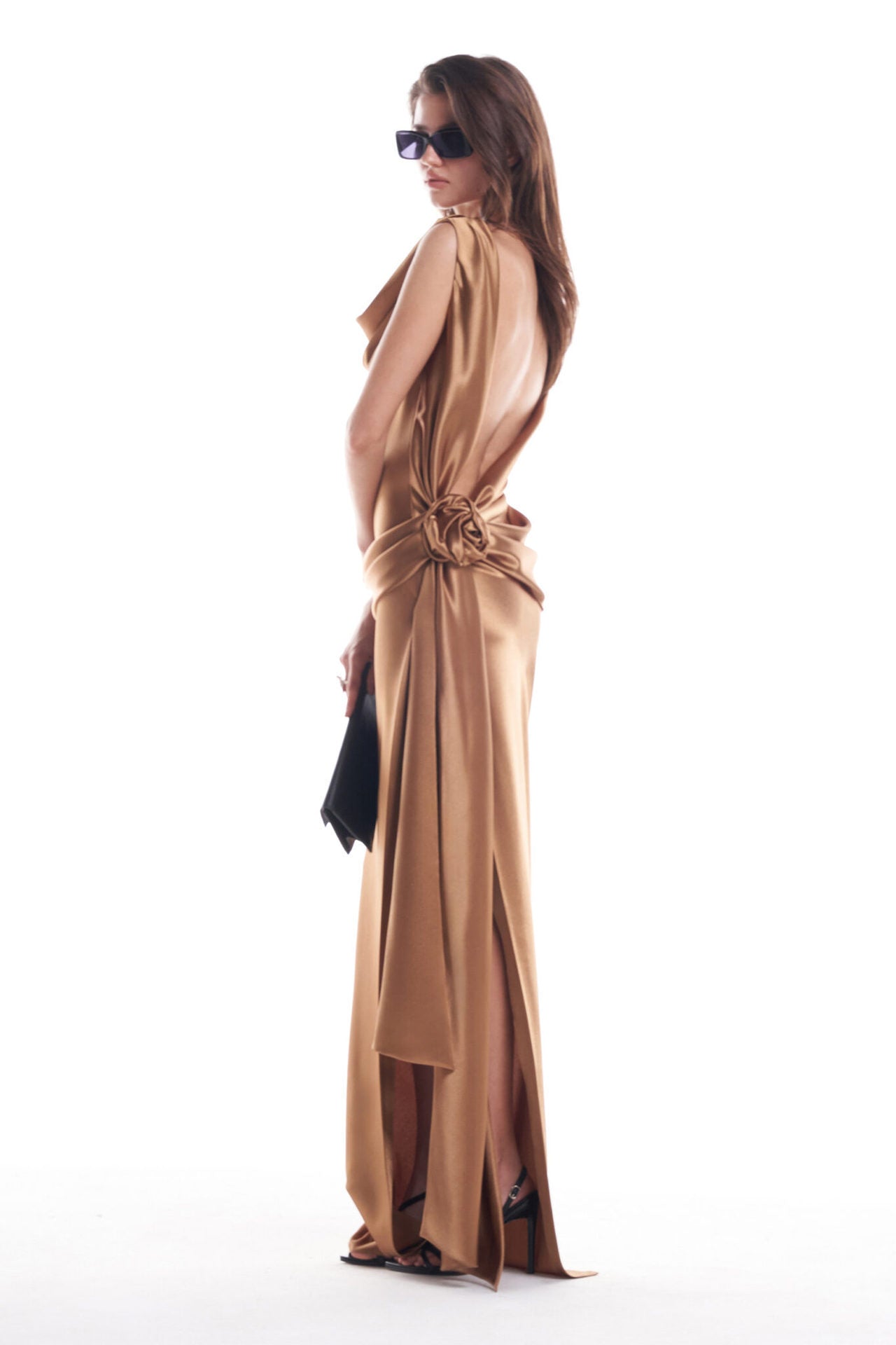 High Quality Satin Dignified Flowers Dress Split Dress