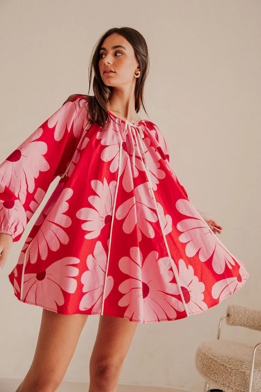 European And American Printed Lantern Sleeve A- Line Collar Lace-up Top