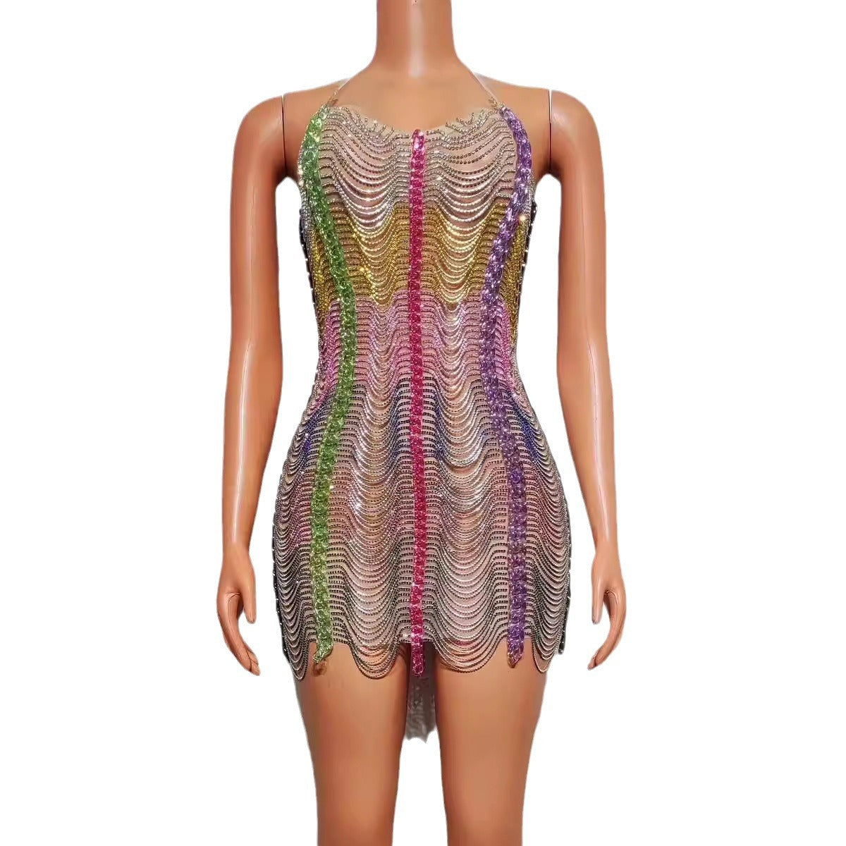 Colorful Drill Chain Dress Performance Costume Party Evening Dress