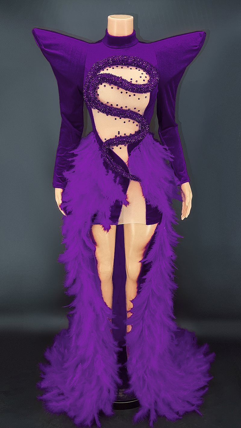Rhinestone Feather Dress Party Stage