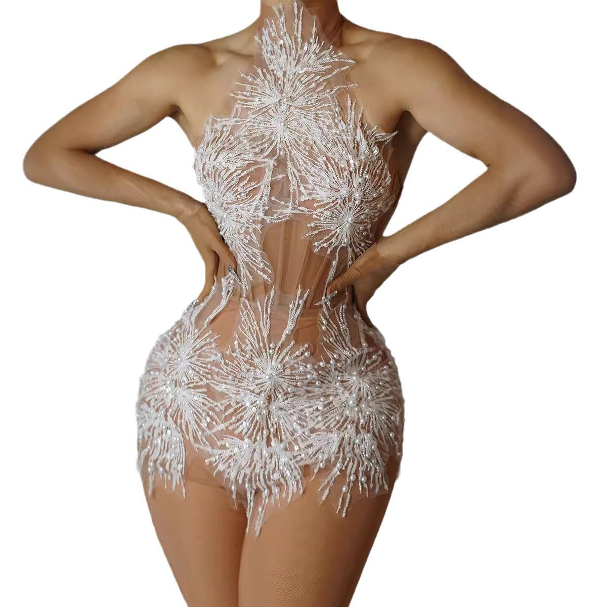 Fashion Halter Slip Dress Skin Color See-through Little Dress