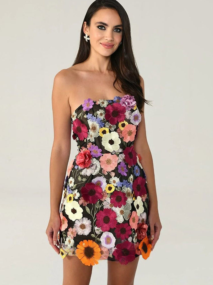 Embroidery Stitching Flowers Tube Top Package Hip Dress