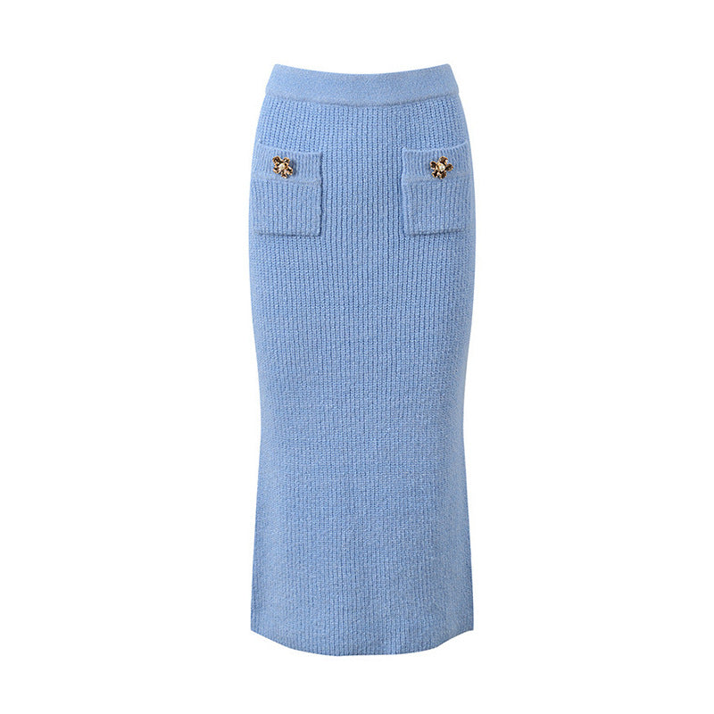 Round Neck Slim-fit Knitted Short Sleeve Cardigan Top Hip Skirt Fashion Suit Women
