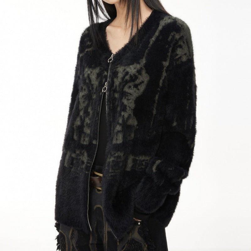 Retro Black V-neck Sweater Coat Female Loose Knitted Cardigan