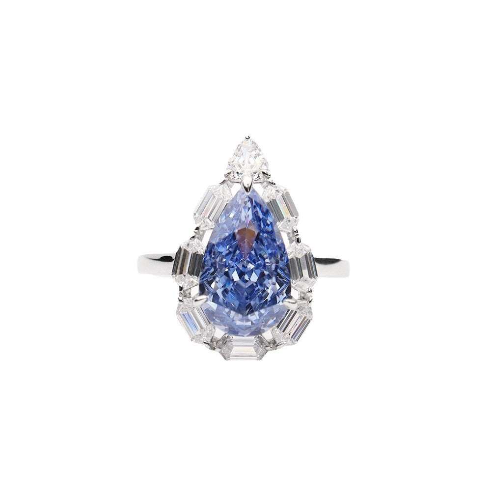 Water Drop Ice Flower Cut Synthetic Blue Diamond 925 Silver Bright Blue High Carbon Diamond Pear-shaped Female Ring