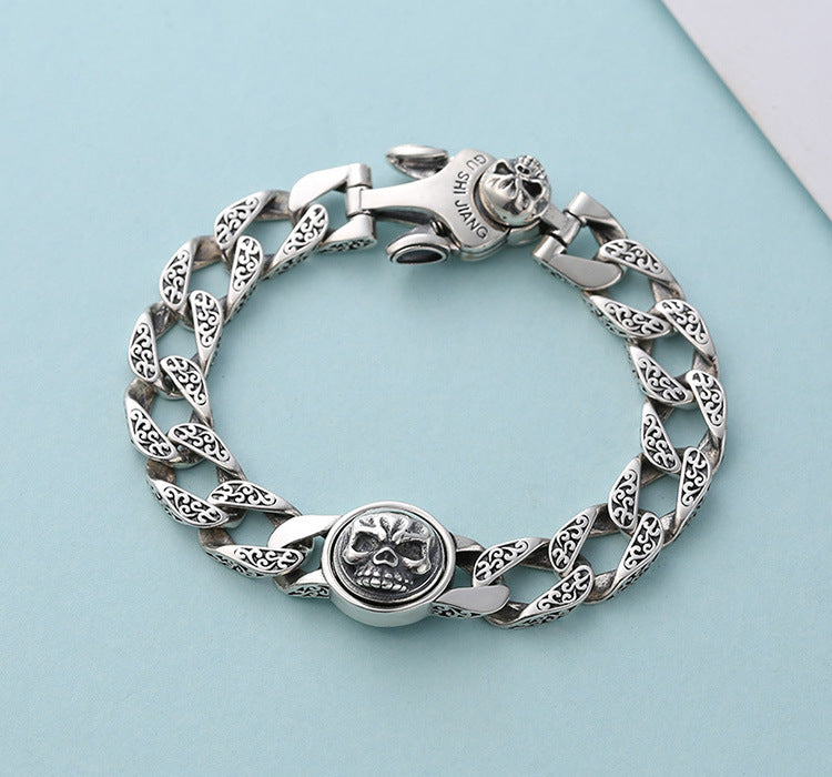 Sterling Silver Ornament Men's Trendy Rotating Skull Retro Fashion Tang Grass Pattern Bracelet