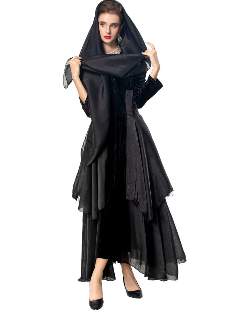 Velvet Stitching Tulle Sexy V-neck Long Sleeve Ruffled Black Cake Dress