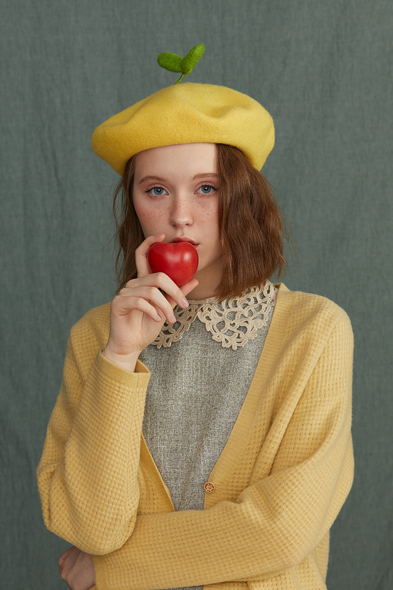Handmade Wool Felt Cute Growing Green Bud Painter Beret All-match