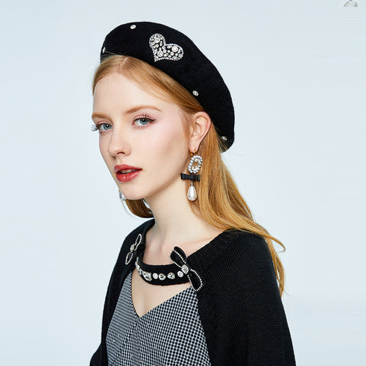 New Japanese Age-reducing Painter Love Rhinestone Beret