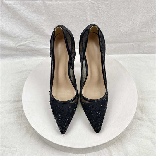 New Breathable Mesh Diamond High Heels 12CM Pointed Women's Shallow Mouth Stiletto Heels