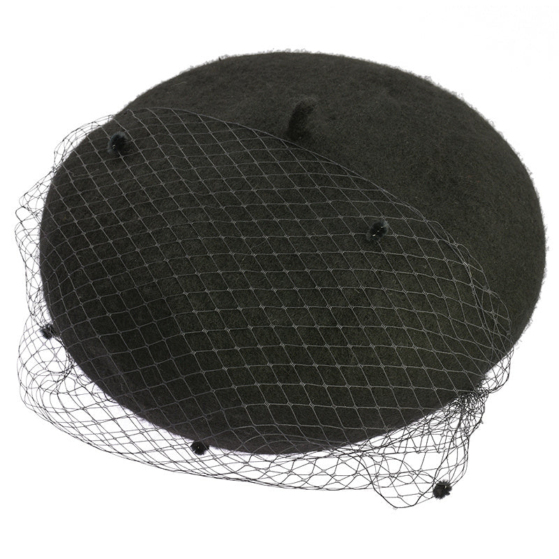 Vintage French Mesh Veil Pom Pom Versatile Wool Beret