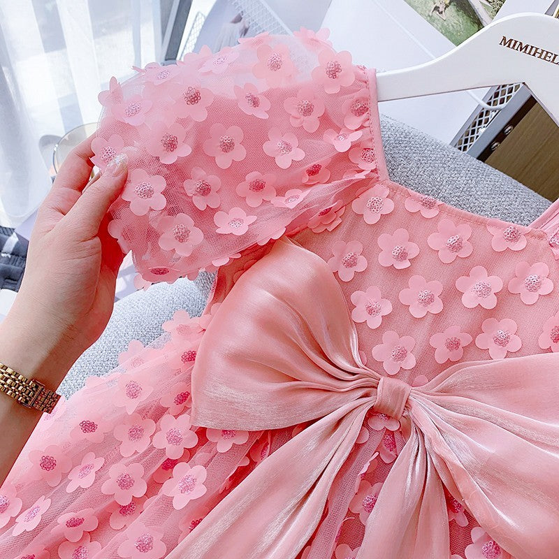 Flower Cut Princess Dress Puff Sleeve Little Girl