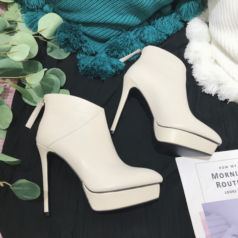 Autumn And Winter New Stiletto High-heeled Platform Leather Ankle Boots