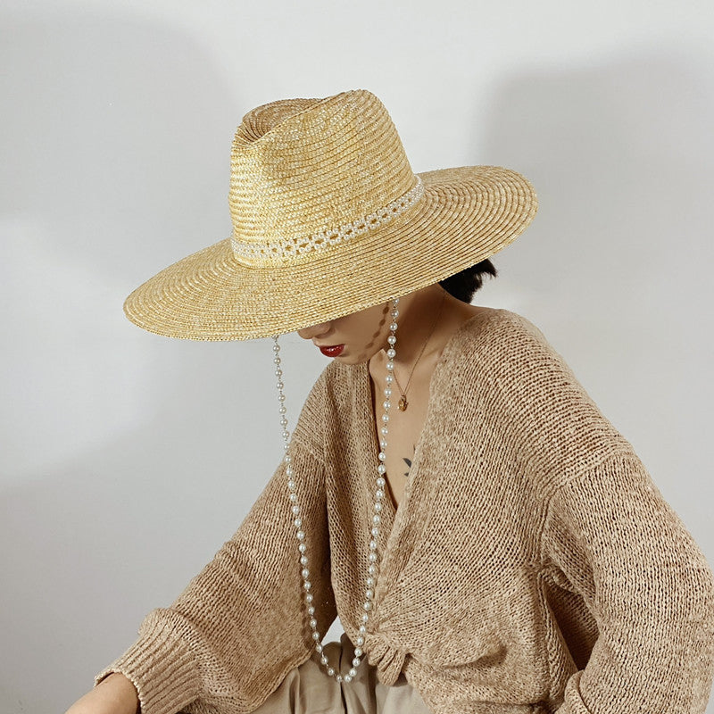 French Pearl Chain Big Brim Wheat Straw Jazz Straw Hat Beach