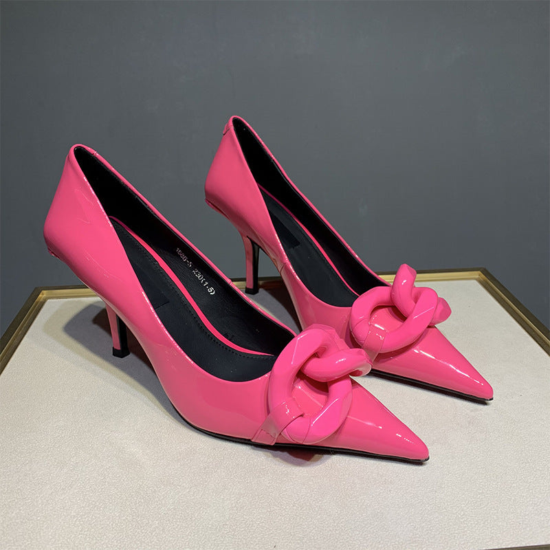 Patent Leather Candy Color Pointed Chain Temperament All-match High Heels