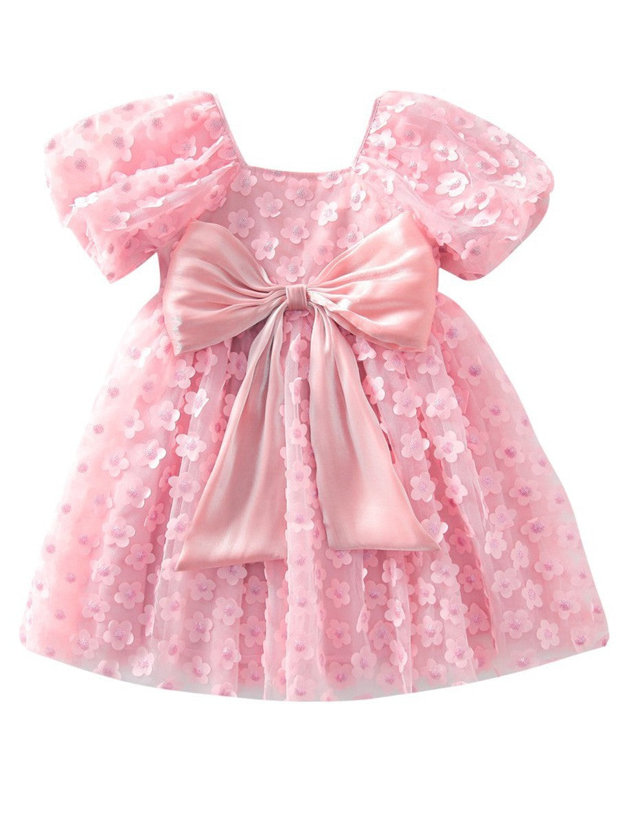 Flower Cut Princess Dress Puff Sleeve Little Girl