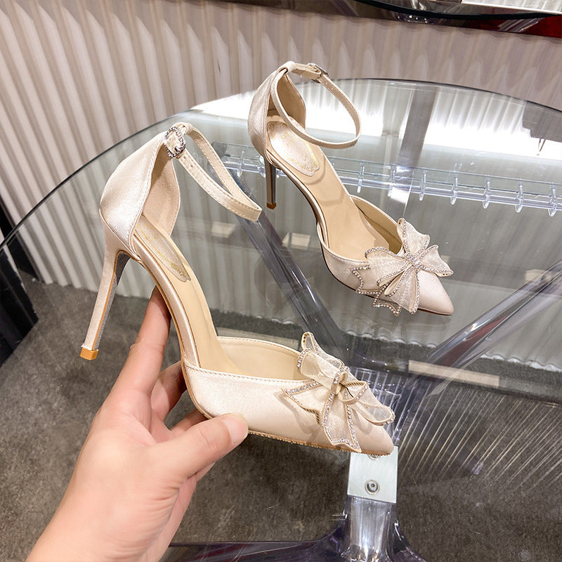 Summer Sandals Women's New Wild Pointed Fairy Bow Hollow Baotou Rhinestone Stiletto Stilettos High Heels