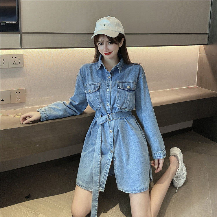 Lapel Mid-length Lace-up Waist Denim Dress