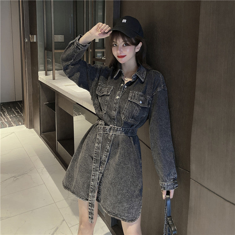Lapel Mid-length Lace-up Waist Denim Dress