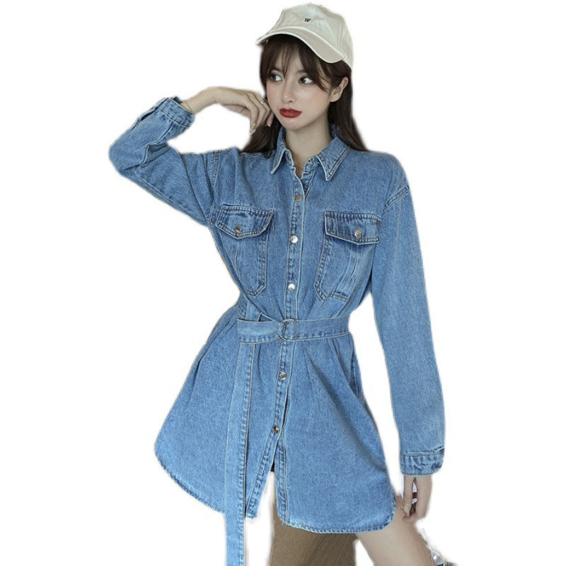 Lapel Mid-length Lace-up Waist Denim Dress