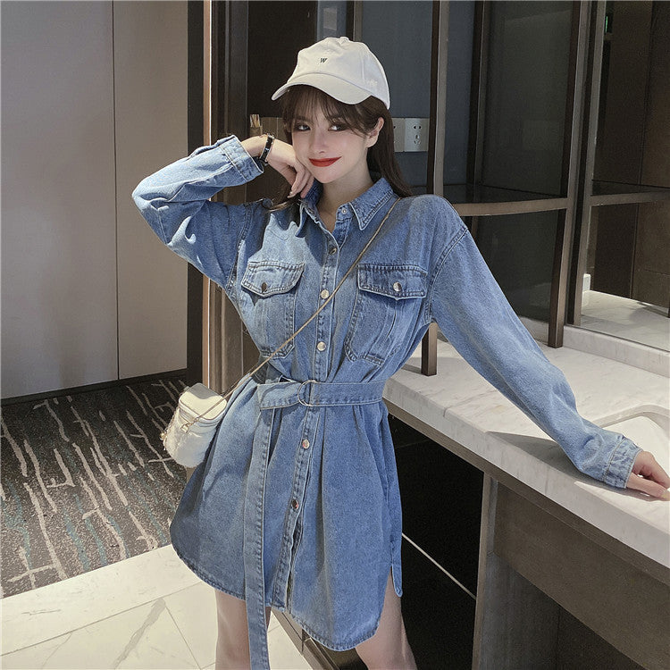 Lapel Mid-length Lace-up Waist Denim Dress