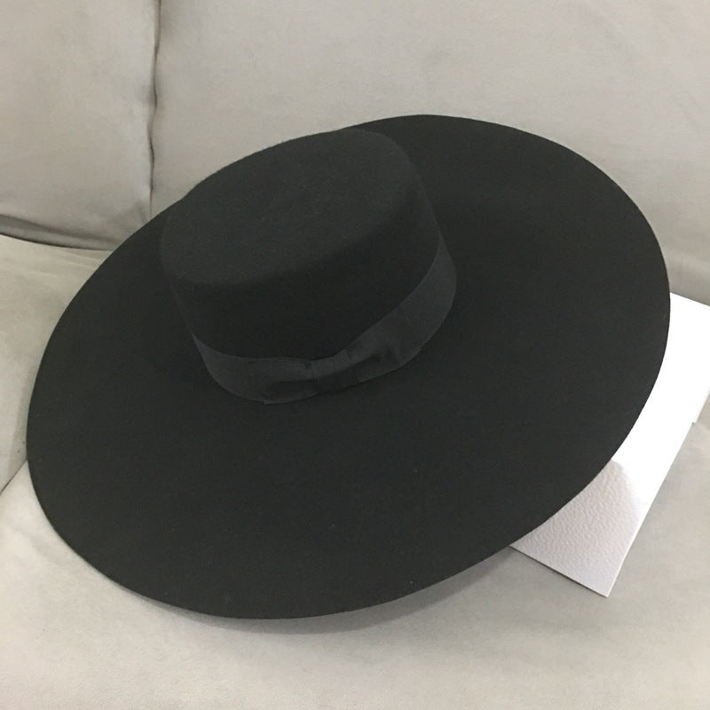 Party Fashion Stage Hat, Wool Felt Hat, Big Brim, Korean Style Flat Top Hat