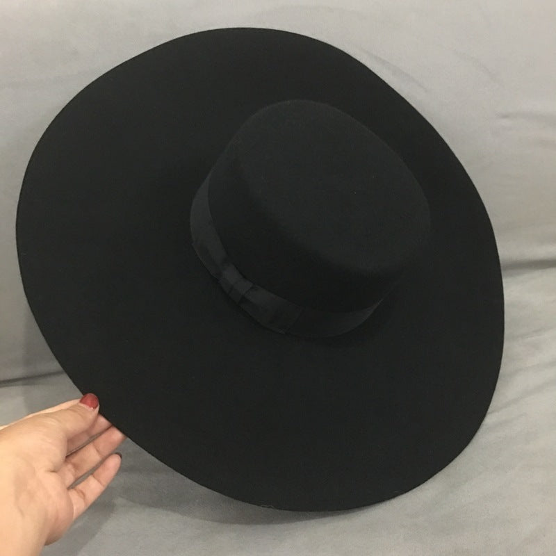 Party Fashion Stage Hat, Wool Felt Hat, Big Brim, Korean Style Flat Top Hat