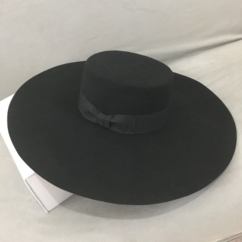 Party Fashion Stage Hat, Wool Felt Hat, Big Brim, Korean Style Flat Top Hat