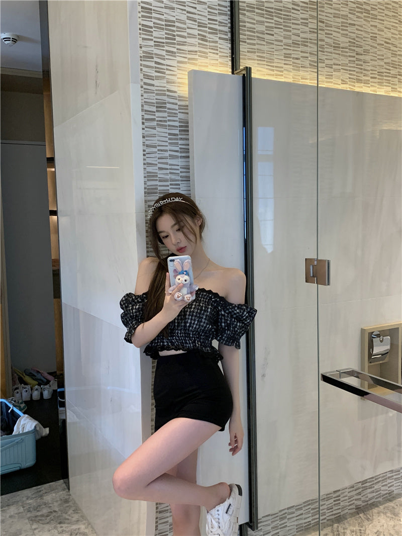 Women''s summer design with one shoulder wood ear Plaid Shirt minority short shirt SEXY LACE SHORT SLEEVE TOP