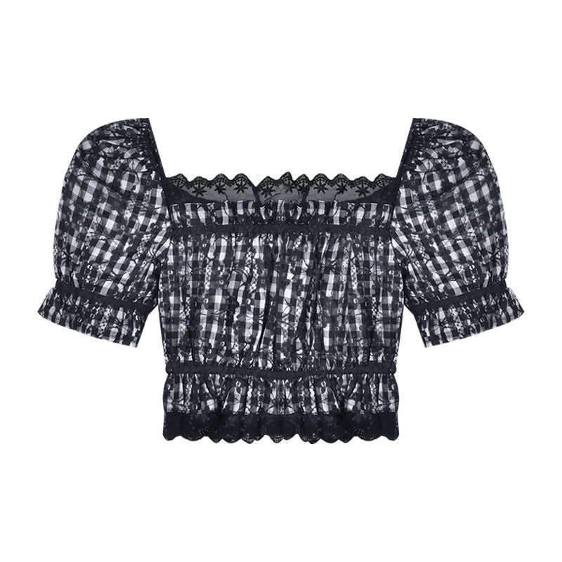 Women''s summer design with one shoulder wood ear Plaid Shirt minority short shirt SEXY LACE SHORT SLEEVE TOP