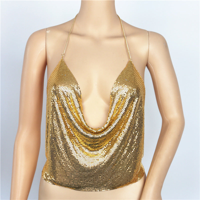 European And American Cross-border Fashion Popular Nightclub Nightclub Low-cut Sexy Backless Sequined Vest Top