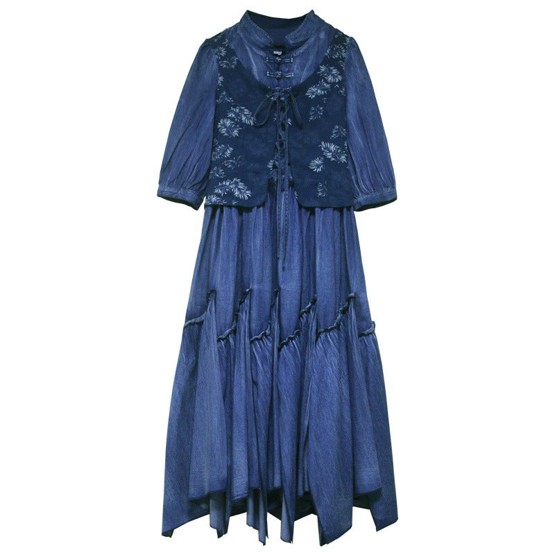 Vintage Embroidered Mid-sleeve Denim Dress