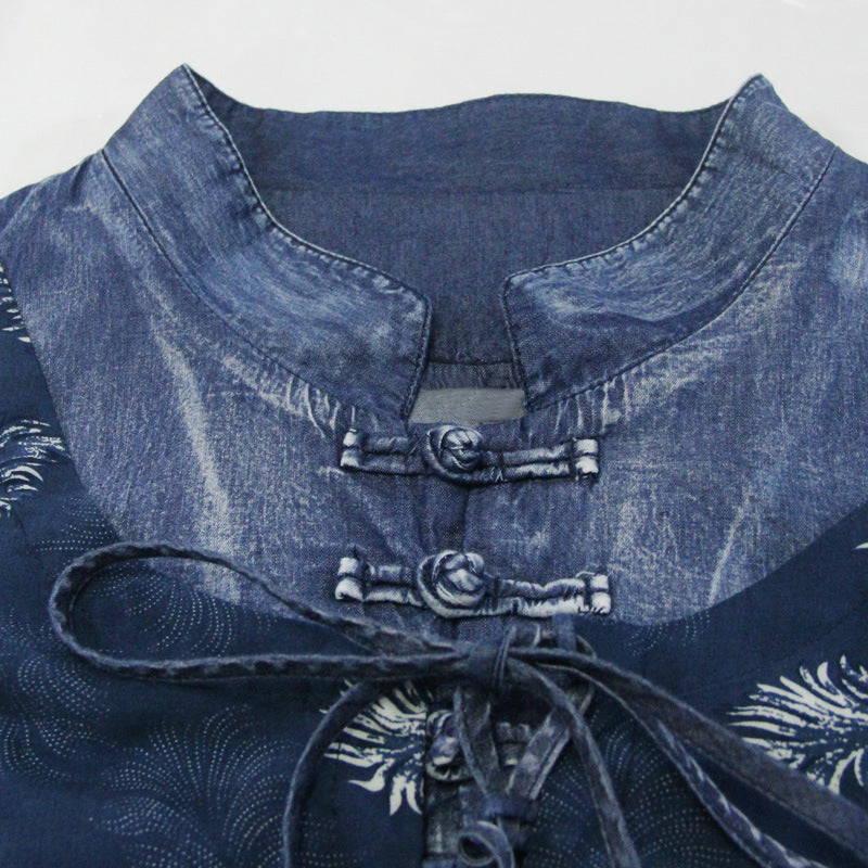 Vintage Embroidered Mid-sleeve Denim Dress