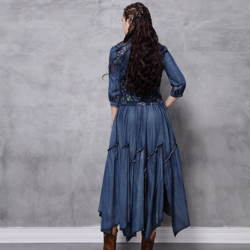 Vintage Embroidered Mid-sleeve Denim Dress