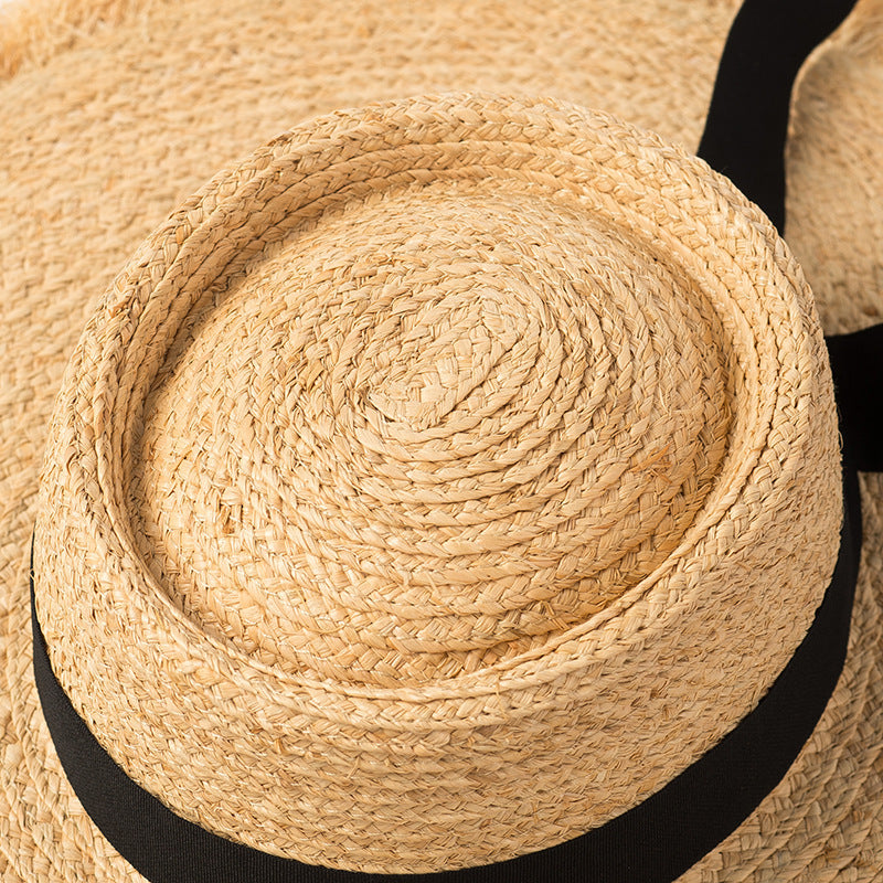 Raffia Hat With Ring Flat Top Bow And Ribbon