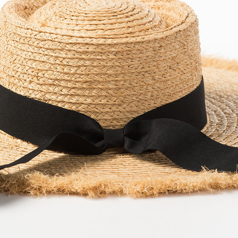 Raffia Hat With Ring Flat Top Bow And Ribbon