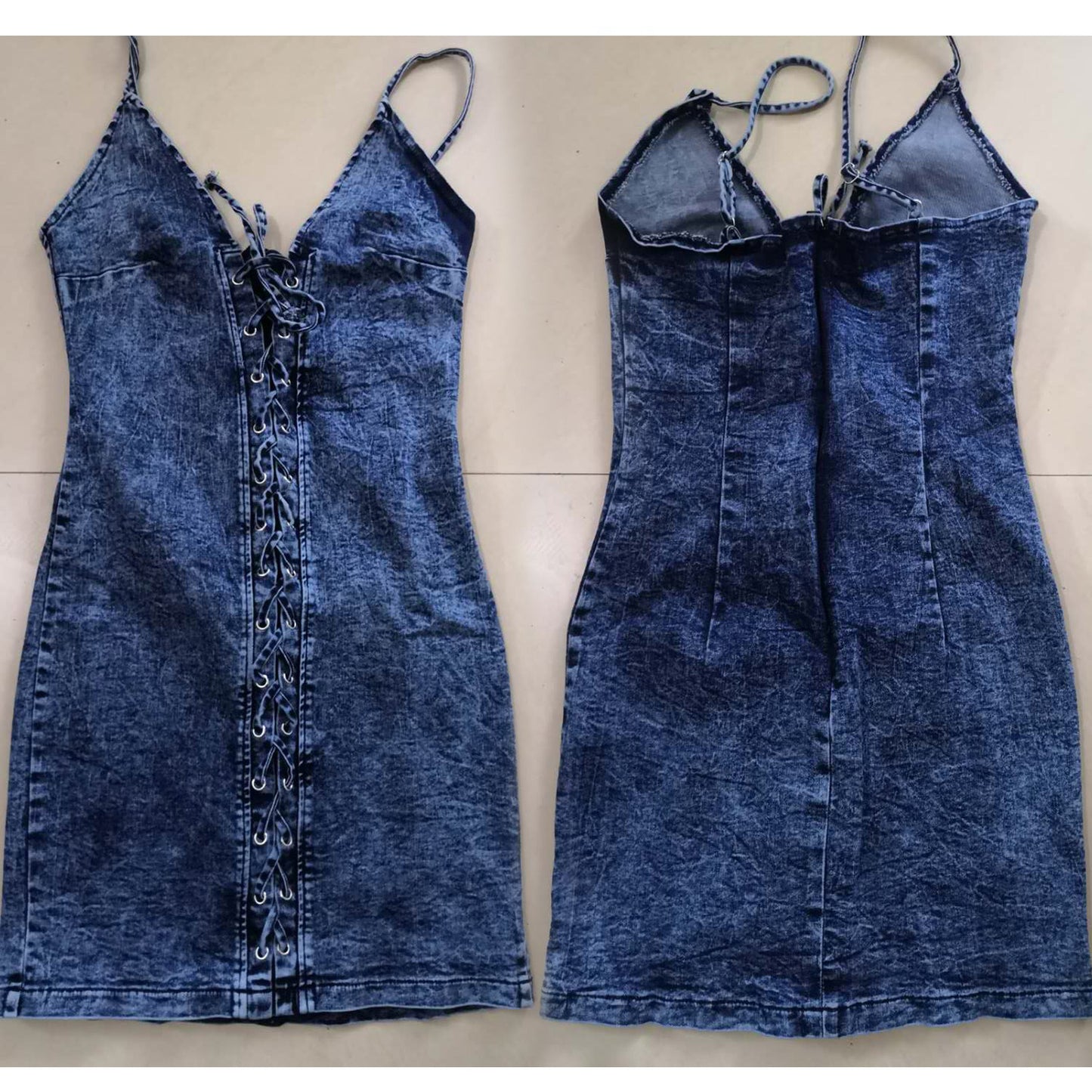 Women's Elastic Denim Tie Up Dress