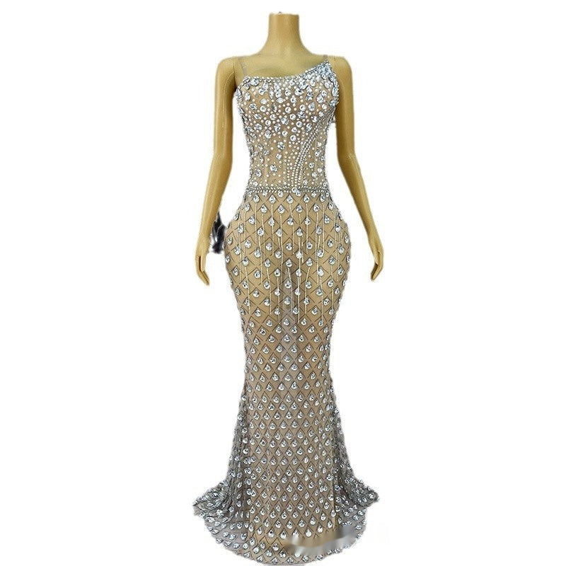 Niche Design Oblique Light Diamond Trailing Dress