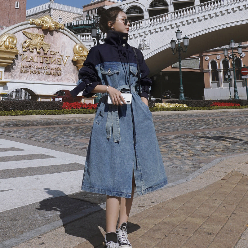 Fashion long denim patchwork dress windbreaker