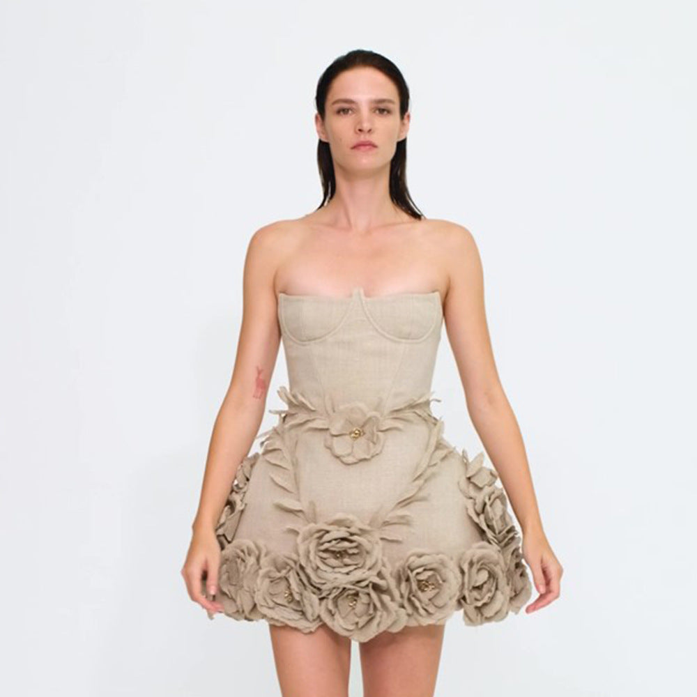 Off-the-shoulder Tube Top Slim Fit Slimming Floral Dress Puffy Dress