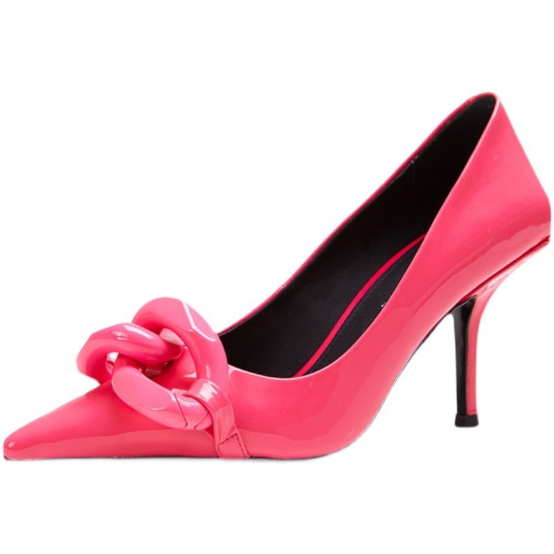 Patent Leather Candy Color Pointed Chain Temperament All-match High Heels